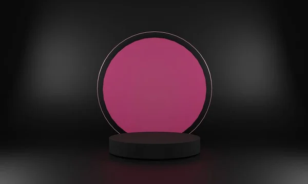 Küçük bir podyumun 3 boyutlu görüntüsü ya da beyaz ışıklı, siyah bir arkaplanda pembe bir zemin çizilmiş kaidesi. Pankartlar, posterler, vitrinler, promosyonlar ve reklamlar için harika.