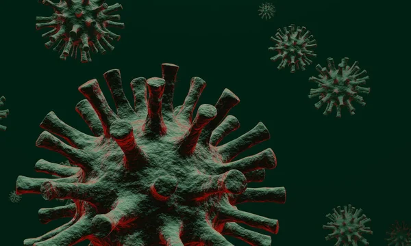 Üç boyutlu desenli yeşil soyut virüsler veya koyu arkaplan üzerinde kırmızı parıltılı mikroplar. Grafik, Coronavirus gibi bir virüsün mikroskobik bir çizimi olarak kullanılabilir..