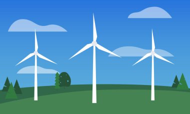 Üç rüzgar türbininden oluşan düz bir vektör yeşil çimenlik bir alanda oturuyor. Arka planda ağaçlar ve bulutlu mavi bir gökyüzü var..