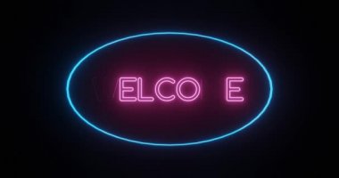 Parlayan pembe ve mavi neon ışıklı hoş geldin işareti 3D render, bir çerçeve ile çevrili, siyah bir arkaplan karşı