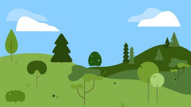 Tepelerde farklı yeşil tonlarda çeşitli soyut ağaçların olduğu düz, çizgi resimli bir doğa manzarası. Arka planda bulutlu mavi bir gökyüzü var. Vektörler küme olarak kullanılabilir.