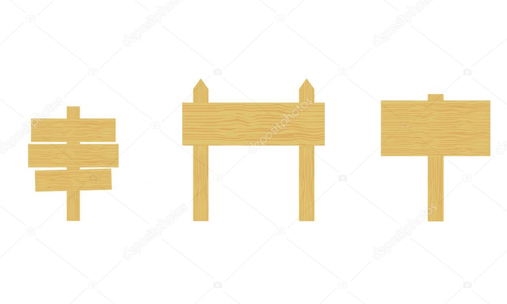 Set of three light brown wooden signs with empty panels. One sign has three panels. Vectors have a cartoon, clip art, flat design style. Panels have blank copy space with room for text.