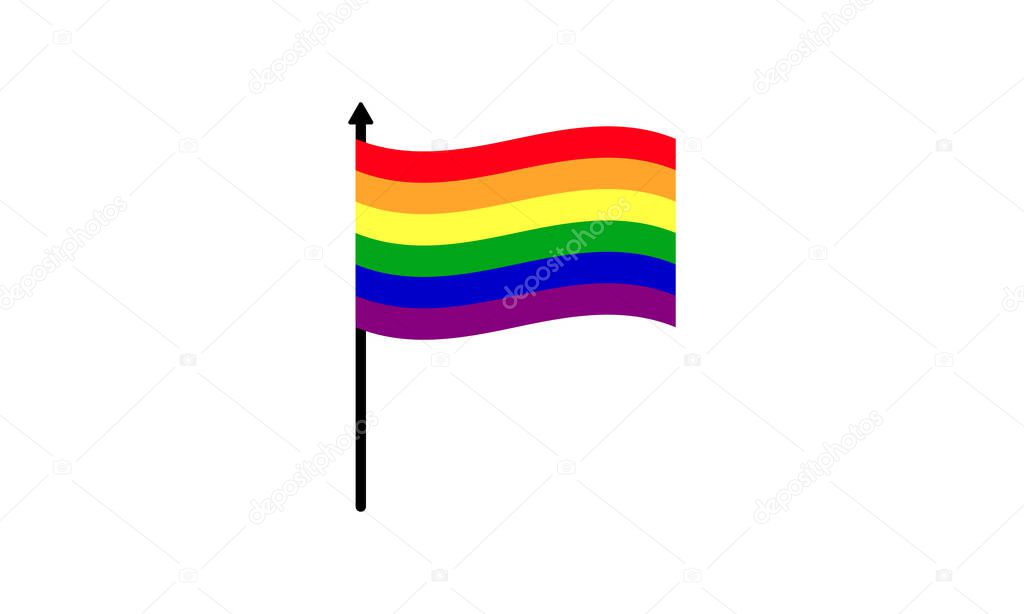 Vector illustration of pride flag with rainbow stripes on a black pole isolated against a white background. Image has clip art or cartoon and minimalist look. Great for pride week images and stickers.