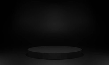 Boş, büyük, düz dairesel podyum ya da siyah, koyu arkaplan üzerine ışıklandırılmış kaidesi üç boyutlu canlandırma. Sergiler, sergiler, reklamlar ve promosyonlar için harika bir şablon..