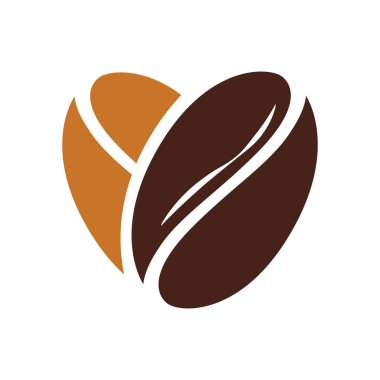 İki kahverengi ve karamel soyut kahve çekirdeği vektörü kalp şeklinde beyaz arka planda izole edilmiş kahveye olan sevgiyi resmediyorlar. Kahvaltı ve kafe markaları, simgeler ve logolar için harika..