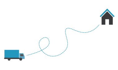 Kesik çizgili kamyonun taşıyıcısı beyaz arka planda izole edilmiş bir eve doğru gidiyor. Resim mavi ve gridir. Reklam teslimatları veya sevkiyat hizmetleri için harika..