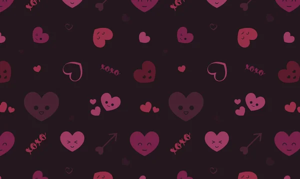 浪漫的粉色图案 有着可爱的脸和箭的Kawaii心脏 适合背景 包装纸和横幅 Eps有无缝模式 — 图库矢量图片