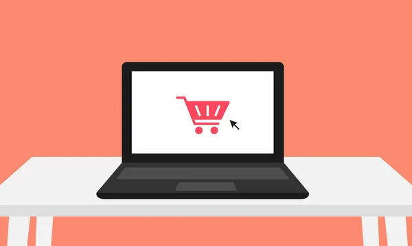WebBlack dizüstü bilgisayarı ekranda kırmızı alışveriş arabası ve beyaz bir masada oturan ve mercan zemin üzerinde izole edilmiş fare imleci. Vektör çevrimiçi alım yapıldığını gösteriyor. Reklam için harika..