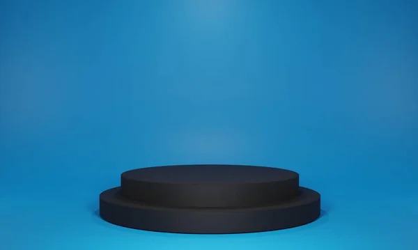 Üç boyutlu, boş, katmanlı, siyah, yuvarlak podyum ya da yüzey. Resim, stüdyo ışıklandırmasıyla mavi arka plana sahip. Sergiler, sergiler ve reklamlar için harika bir şablon..