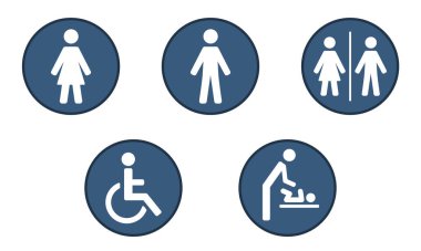 Erkekler, kadınlar, unisex, handikap ve bebek değiştirme istasyonları için banyo veya tuvalet etiketleri ya da tabelalar. Simgeler, bir erkek, kadın, tekerlekli sandalye ve bebeği gösteren beyaz sembollü mavi dairelerdir..