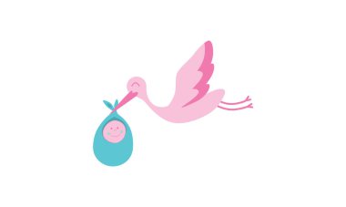 Pembe bir leyleğin şirin çizgi film vektörü ya da mutlu ve gülümseyen yeni doğmuş bir bebeği gagalı bir çantada tutan, uçan ve çocuğu doğuran bir kuş. Grafik beyaz bir arkaplan karşısında izole edilir.