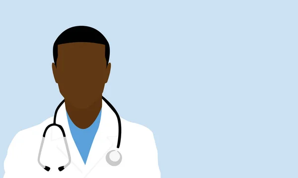 一个戴听诊器脖子周围穿着白色外套和蓝色刷子的黑人男医生的病媒图片 男人被隔离在浅蓝色的背景下 空白的文本或图像复制空间 — 图库矢量图片