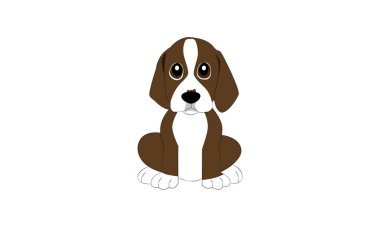 Kahverengi ve beyaz melez bir köpeğin taşıyıcısı, uzun sarkık kulaklı ve büyük gözlü beyaz arka planda dik ve izole bir şekilde oturuyor. Çıkartmalar, maskotlar, damgalama ve evcil hayvan posterleri için harika..