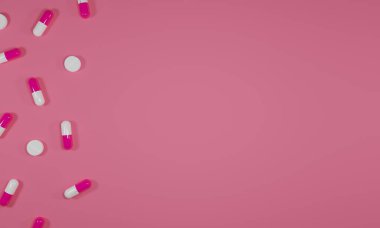 Pembe ve beyaz hapların ve kapsüllerin 3 boyutlu yorumlanması ve mesaj için yeri olan boş fotokopi alanı. Feminen tıbbi ya da ilaç arkaplanları, afişler, posterler ve terfiler için harika.