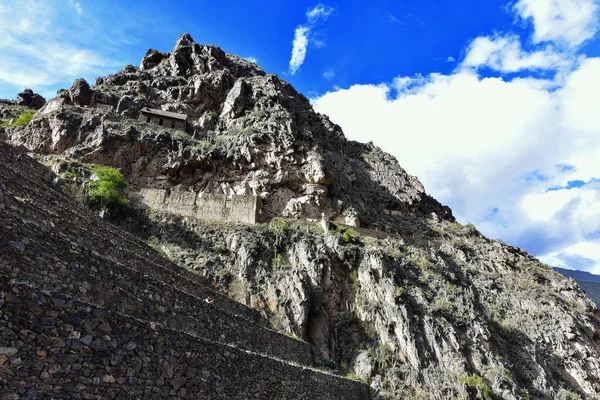 Ruiny Ollantaytambo Wzgórze Świątyni Konstrukcje Kamienia Polnego Grubo Wycięte Sektory — Zdjęcie stockowe