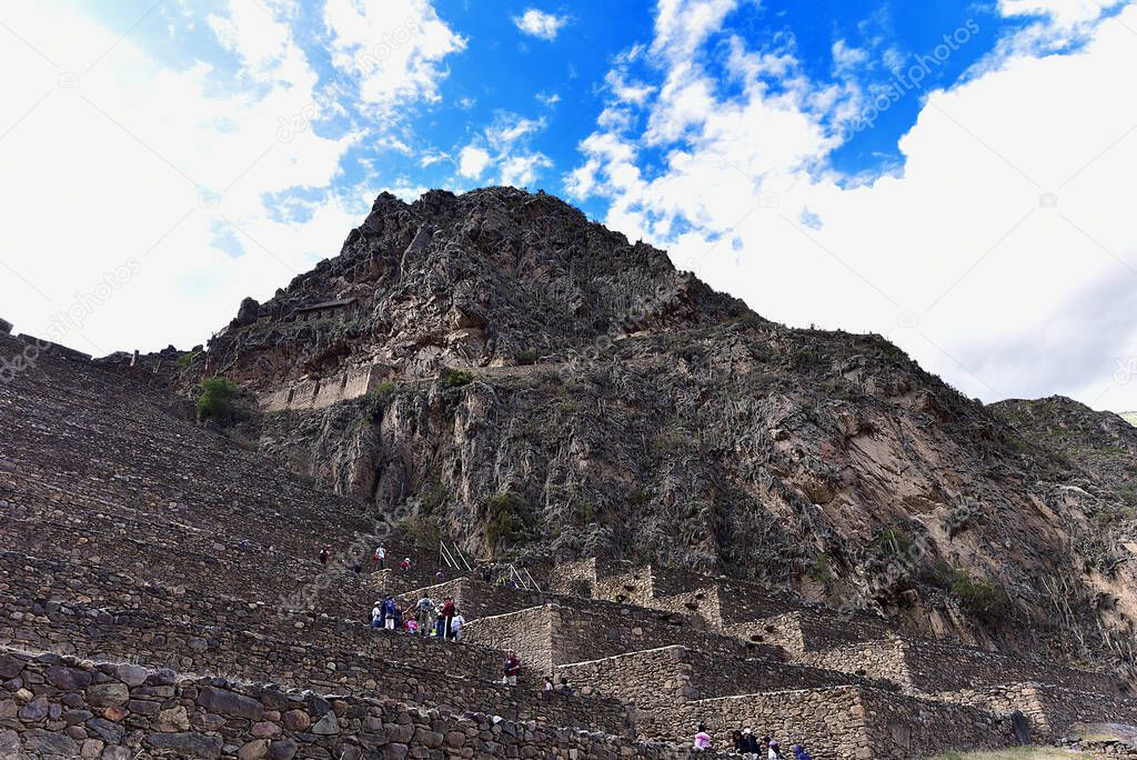 Ollantaytambo Ruins - the hill of the Temple, constructions made of field stone, coarsely cut, the Middle and Funerary Sectors have several rectangular funerary buildings, some of them with two floors