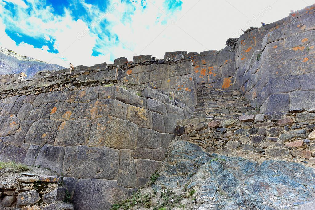 Ollantaytambo - The Temple sector built of cut stones and adjusted in contrast to the other two sectors of the Temple Hill. It is the hillside area archaeologists have determined that Ollantaytambo was built on the ruins of another ancient city