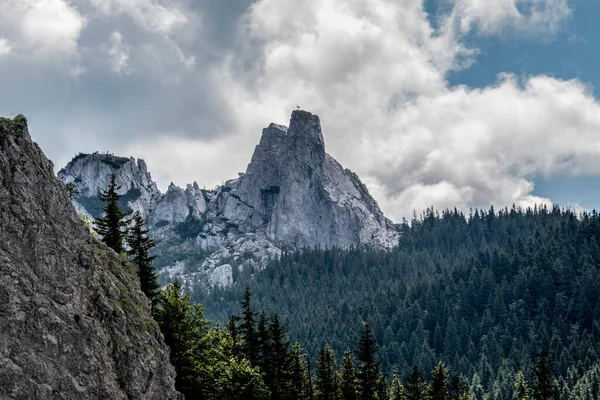 Bulutlu gökyüzünde yeşillikle kaplı güzel bir dağ manzarası.