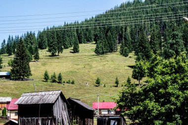 Karpatların tepesinde bir dağ olan ahşap evler, Ukrayna.