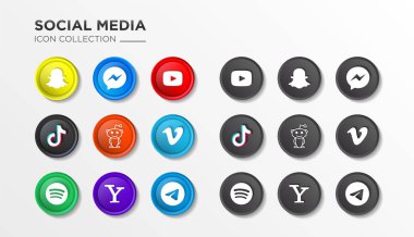 Gerçekçi Sosyal Medya Logosu Koleksiyonu: Snapchat, Snapchat, Youtube, TikTok, Reddit, Vimeo, Spotify, Yahoo, Telegram. Uygulamalar ve Web siteleri için Popüler Sosyal Medya Logosu Koleksiyonu. - Stock Vector Editör. 