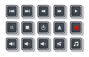 Multimedya Oyuncu Simgeleri Set, beyaz arkaplanda izole edilmiş web, internet ve mobil uygulamalar için modern tasarım düğmeleri seti