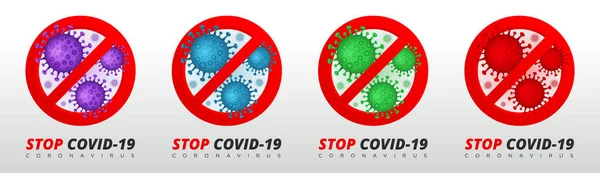 Coronavirus Simgesi Ayarlandı. Coronavirus Covid 19, 2019 nCoV uyarısı, Roman virüsü kırmızı STOP işareti ile çizilmiş, Coronavirus Pandemic. Vektör illüstrasyonu