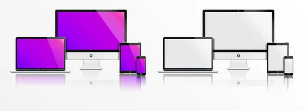 Gerçekçi Bilgisayar, dizüstü bilgisayar, tablet ve telefon modeli. Beyaz arka planda izole edilmiş düz aletler. Kolayca Düzenlenebilir Vektör. Vektör illüstrasyonu