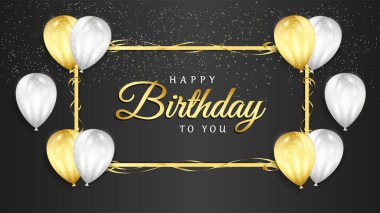 Doğum günü tebrik kartı, parti afişi, poster vb. için 3D gerçekçi balonlar ve sim konfetiyle siyah arka planda mutlu yıllar. Vektör Resimlendirme Grafiği.
