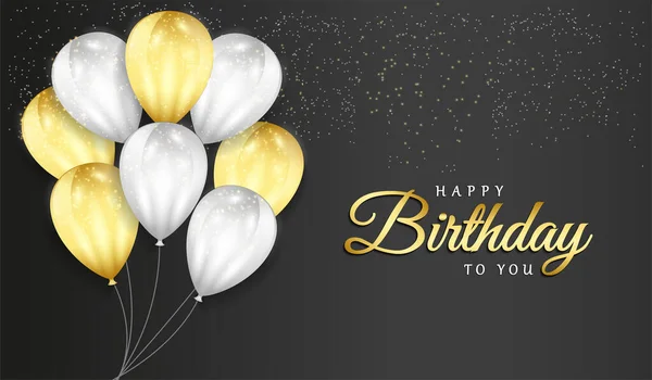 Doğum günü tebrik kartı, parti afişi, poster vb. için 3D gerçekçi balonlar ve sim konfetiyle siyah arka planda mutlu yıllar. Vektör Resimlendirme Grafiği.