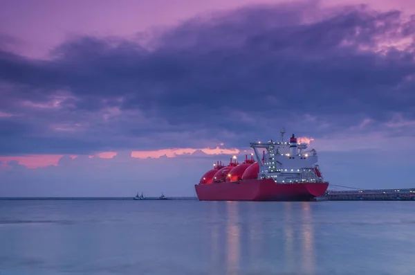 Lng Tanker Navio Amanhecer Atracado Terminal Gás — Fotografia de Stock