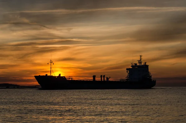 Sunset Ship Zeegezicht Een Romantische Avond — Stockfoto