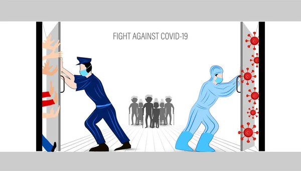 Covid Illustration Fond Police Médecin Lutte Contre Coronavirus Sauver Corde — Image vectorielle
