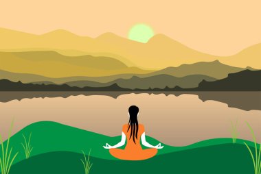 Uluslararası Yoga Günü 21 Haziran vektör illüstrasyonu bir tema insanlar dağlık bir bölgede yoga yapıyor
