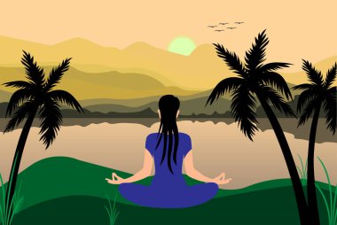 Uluslararası Yoga Günü 21 Haziran vektör illüstrasyonu bir tema insanlar dağlık bir bölgede yoga yapıyor