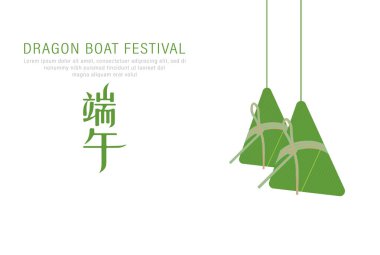 Mutlu Çin Ejder Teknesi Festivali Çince yazılmış. Hamur köfteleri ya da tekne vektör çizimine binen Zongzi.