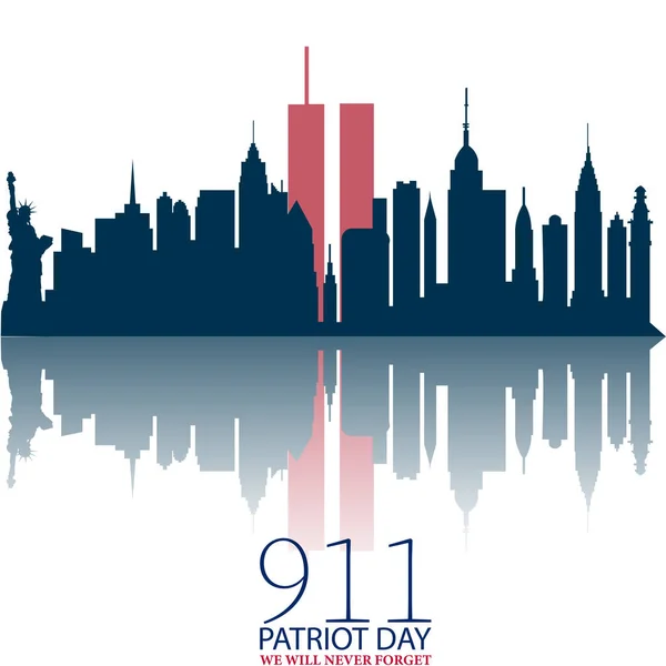 İkiz Kuleli New York City Skyline 'ı. 09.11.2001 Amerikan Vatanseverlik Günü bayrağı. Vektör çizimi. ABD Vatanseverlik Günü afişi. Dünya Ticaret Merkezi. Seni asla unutmayacağız.. 