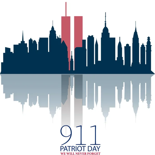 İkiz Kuleli New York City Skyline 'ı. 09.11.2001 Amerikan Vatanseverlik Günü bayrağı. Vektör çizimi. ABD Vatanseverlik Günü afişi. Dünya Ticaret Merkezi. Seni asla unutmayacağız.. 