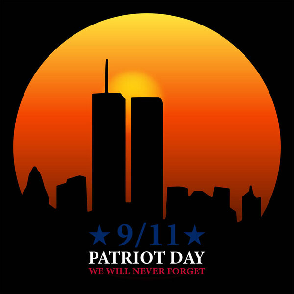New York City Skyline with Twin Towers. 09.11.2001 Знамя Дня американского патриота. Векторная иллюстрация. Знамя Дня патриота США. Всемирный торговый центр. Мы никогда не забудем тебя
. 