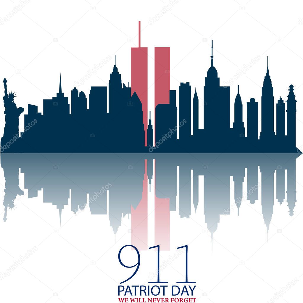 New York City Skyline with Twin Towers.  09.11.2001 American Patriot Day anniversary banner. Vector illustration. USA Patriot Day banner. World Trade Center. We will never forget you. 