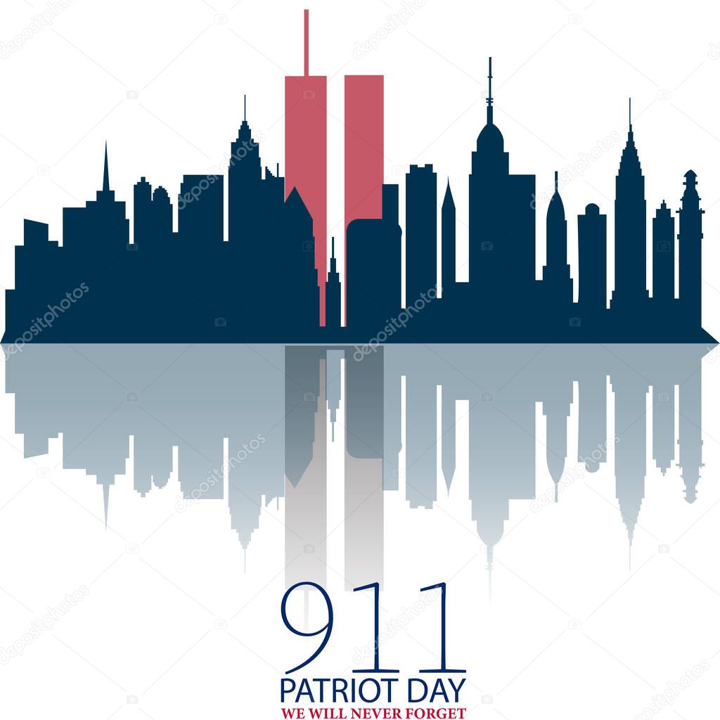 New York City Skyline with Twin Towers.  09.11.2001 American Patriot Day anniversary banner. Vector illustration. USA Patriot Day banner. World Trade Center. We will never forget you. 