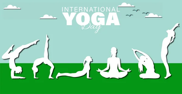 Dia Internacional Yoga Com Múltiplas Posturas Silhueta Ioga Estilo Papercut —  Vetores de Stock