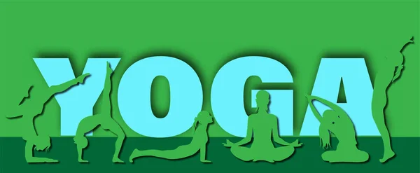 Ziua Internațională Yoga Posturi Multiple Siluetă Yoga Stil Tipărit Fata — Vector de stoc