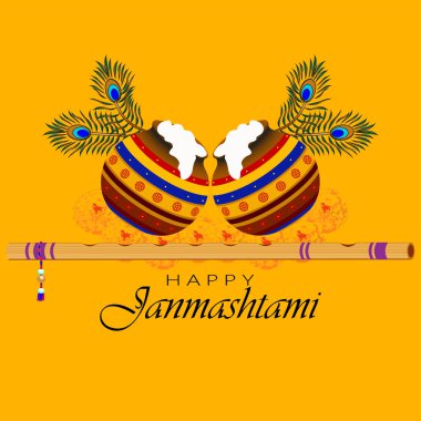 Mutlu Janmashtami festivalinin temsilcisi Tanrı Krishna dini Hint festivali arka planında Bansuri 'yi canlandırıyor, Dahi Handi' nin anlamı krema ve esrar, pankart, davetiye kartı.
