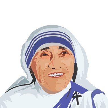 Rahibe Teresa 'nın portresi, Kalkütalı Kutsanmış Teresa olarak da bilinen bir Arnavut Katolik rahibe ve misyonerdi. El çizimi vektör portresi.