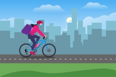 Bisikletli bir teslimatçı kız. Sırt çantalı. Şehir alanı vektör çiziminde düz tasarım.