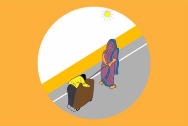 A migrant women wheels her son sleeping on suitcase during lockdown in india vector illustration clipart