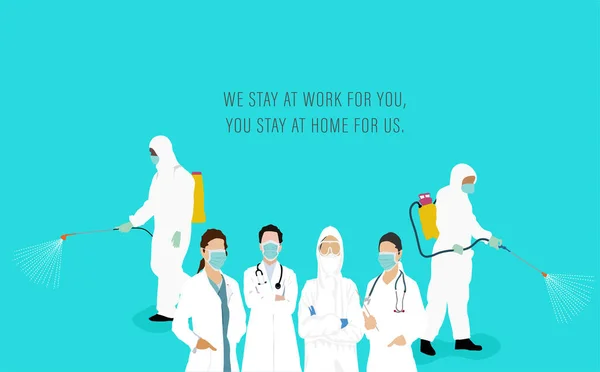 Vektör İllüstrasyonu. Koruyucu giysili adamlar dezenfektan sıkarlar. Uluslararası Hemşireler Günü posteri, Coronavirus salgını zamanında sağlık çalışanlarından oluşan bir ekibi gösteriyor..