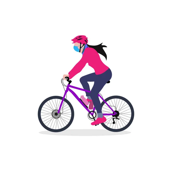 Girl Wearing Mask Gloves Riding Bicycle Vector Isolated Illustration Flag — Stock Vector