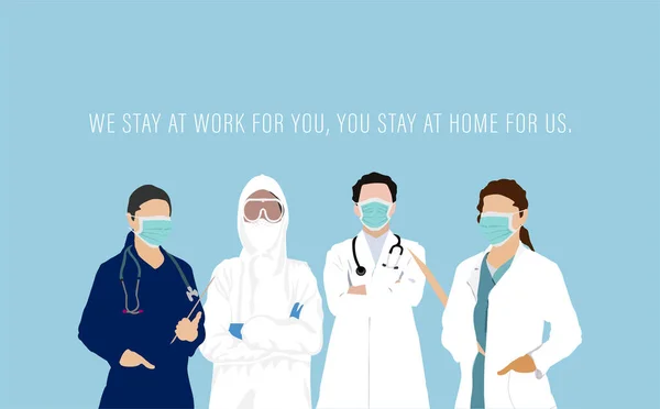 Uluslararası Hemşireler Günü posteri, Coronavirus salgını zamanında sağlık çalışanlarından oluşan bir ekibi gösteriyor. Ulusal Doktorların Günü. Vektör İllüstrasyonu