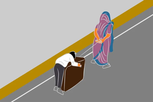Egy Bevándorló Bőröndön Ülve Tologatja Fiát Indiai Vektor Illusztrációjában — Stock Vector
